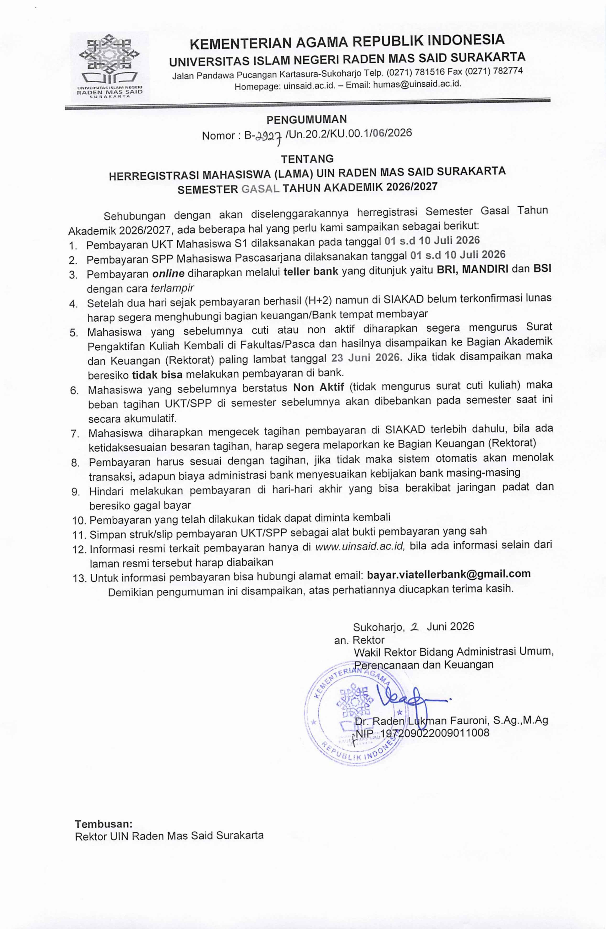 PENGUMUMAN NO-2927 TTG HERREGISTRASI MAHASISWA (LAMA) UIN SURAKARTA SEMESTER GASAL TA. 2026/2027