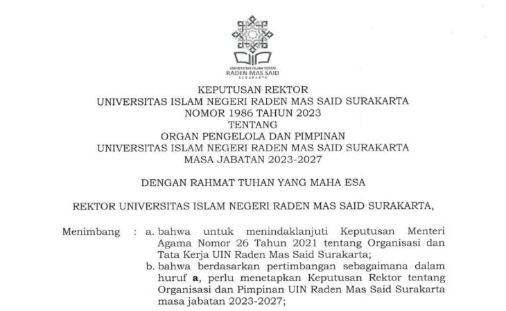 Surat Keputusan Rektor No. 1986 Tahun 2023 Tentang SK STRUKTUR ORGANISASI DAN PIMPINAN UIN RM SAID SURAKARTA 2023-2027